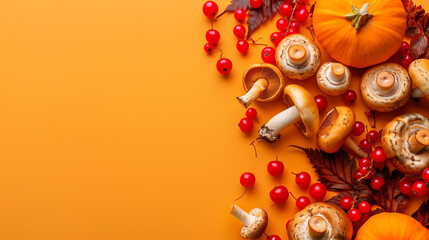 Flat lay composition of autumn harvest including mushrooms, berries, and a pumpkin on an orange background. Ideal for seasonal food photography, fall-themed projects, and harvest festival promotions.