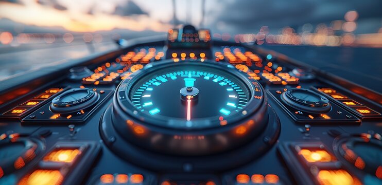 A speedometer with a blue light in the middle of the ship with a yellow flashing light