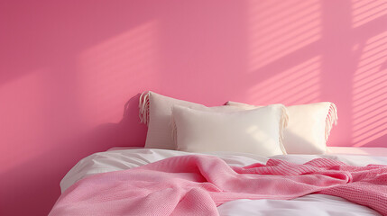 Cozy bedroom setting with a pink blanket and pillows against a pink wall, illuminated by soft morning light