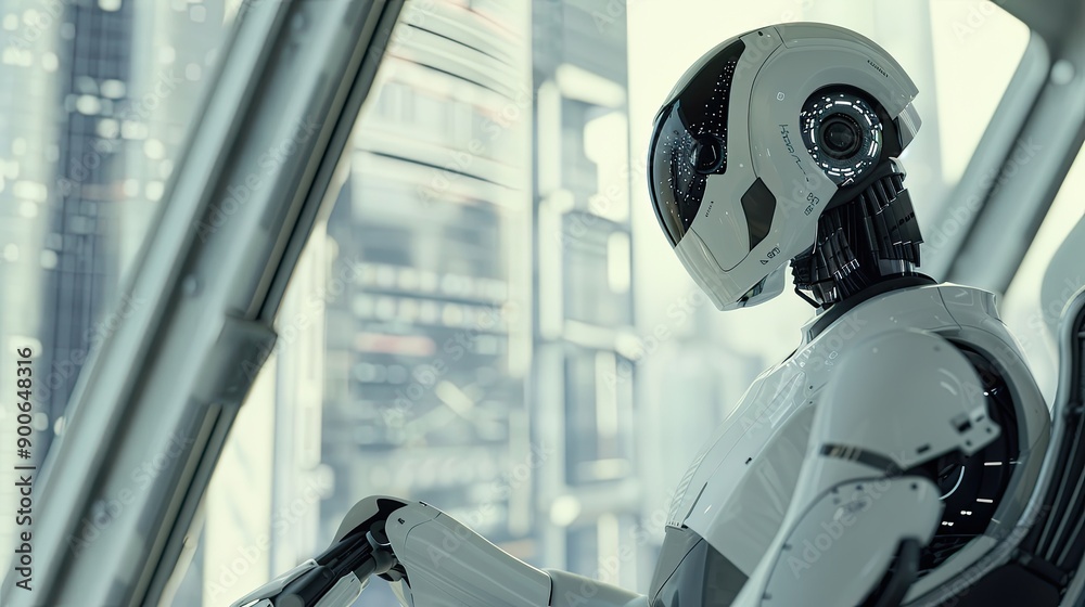 Poster Humanoid Robot Engaged in Complex Tasks While Operating High-Tech Screen in Futuristic Environment