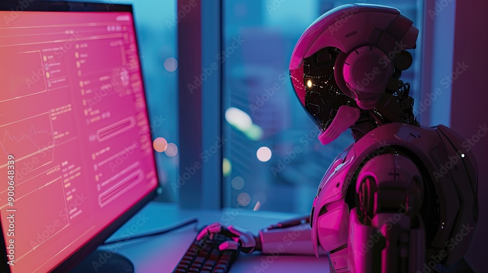 Poster Humanoid Robot Engaged in Complex Tasks at a High-Tech Workspace During Evening