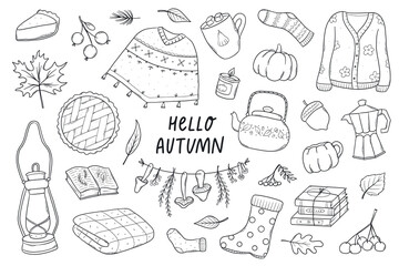 Obraz premium Autumn doodles, clipart collection for coloring pages, prints, cards, stickers, logos, posters, planners, etc. EPS 10