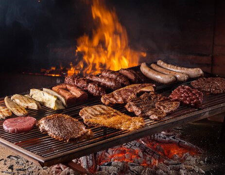 Argentinian asado grill filled with an assortment of meats, embers glowing parilla