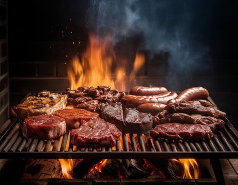 Argentinian asado grill filled with an assortment of meats, embers glowing parilla