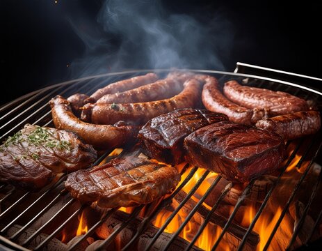 Argentinian asado grill filled with an assortment of meats, embers glowing parilla