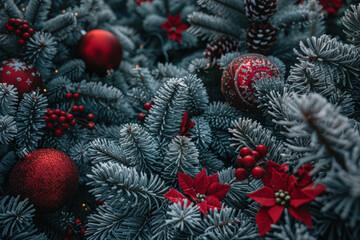 Christmas Decorations on Pine Branches Early Morning