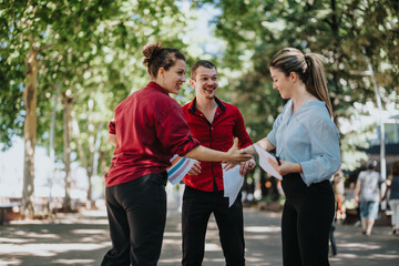 Group of three businesspeople talking and collaborating on documents in a park setting. Professional teamwork and outdoor meeting.