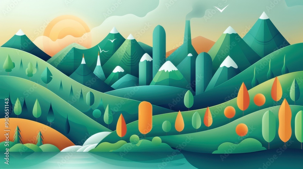 Poster Ecosystem resources, sustainable practices, flat design illustration