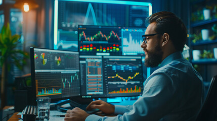 Businessman analyzing economic data trends during a critical meeting with investment charts risk assessments