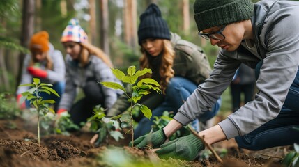 Group of volunteers wearing beanies planting trees in a forest, focusing on teamwork and environmental conservation.