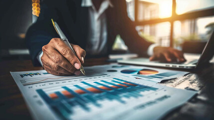Businessman analyzing profit margins with investment graphs risk management
