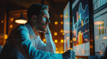 Businessman attending a crucial financial meeting with graphs statistics