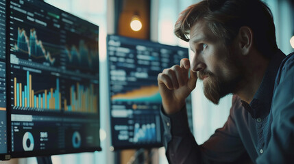 Businessman discussing financial data analysis in a crucial strategy session with investment graphs market insights