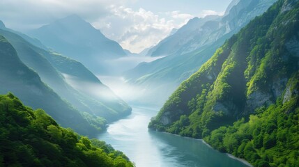 Obraz premium Serene mountain landscape with a river flowing through, lush greenery, realistic, 8K, UHD