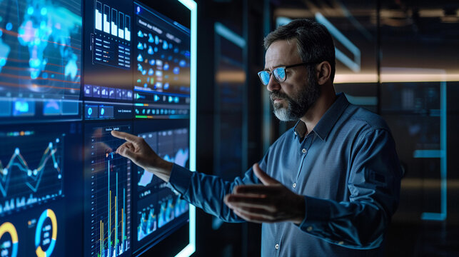 Businessman discussing financial data analysis in a crucial strategy session with investment graphs market insights
