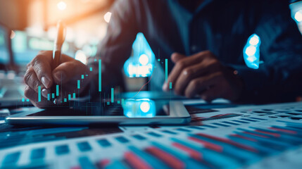 Businessman evaluating economic indicators with financial charts investment analysis
