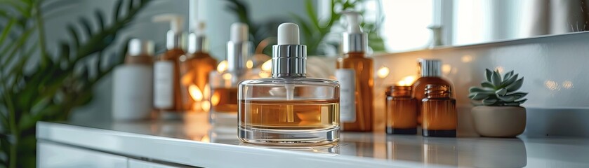 Naklejka premium Close-up of anti-aging serums on a vanity, Anti-aging, Daily skincare regimen