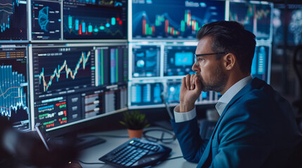 Businessman evaluating financial risks in a data-driven meeting with performance indicators and market conditions