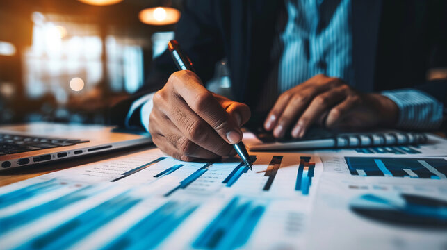 Businessman evaluating asset performance with investment and financial graphs revenue streams