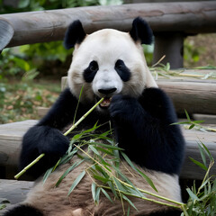 Obraz premium Watch the Giant Panda Enjoying Bamboo Leaves at Ocean Park