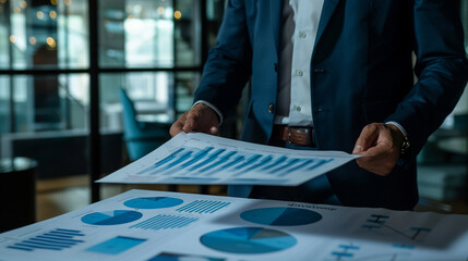 Businessman presenting annual performance reviews with investment charts growth metrics