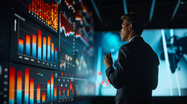 Businessman presenting key financial metrics with graphical insights market conditions