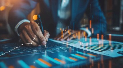 Businessman strategizing investment growth with comprehensive financial charts revenue projections