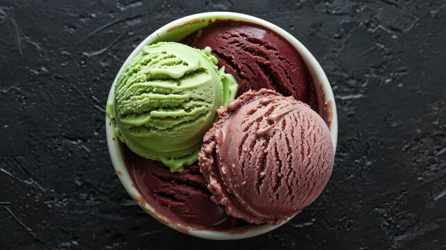 Assorted Ice Cream Scoops in Bowl on Dark Background