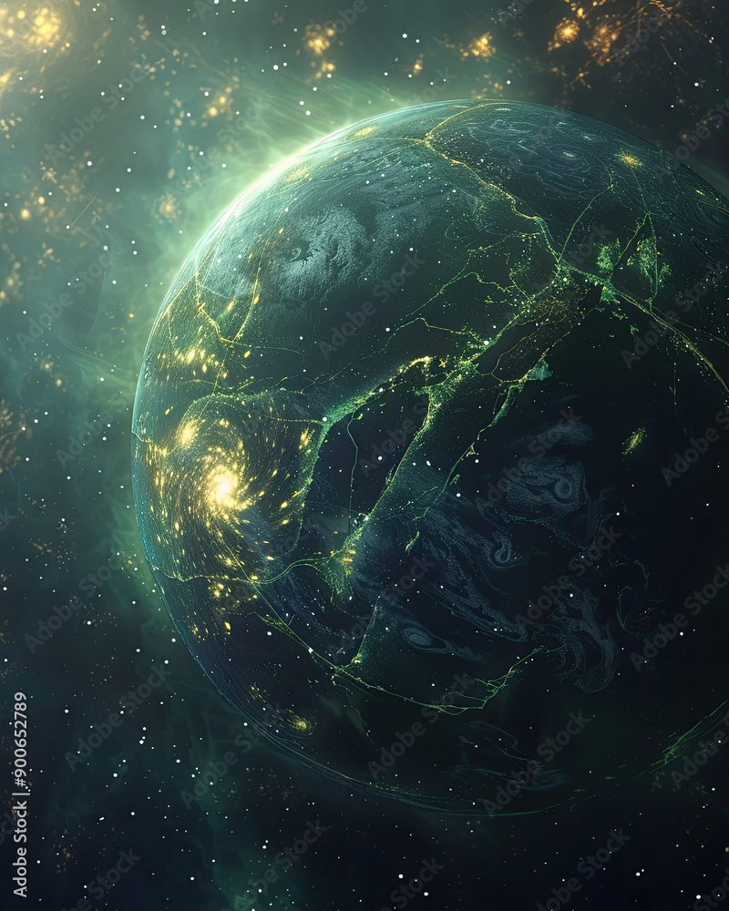 Poster floating landmasses and ethereal bridges of light on a distant planet in a star-filled universe