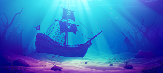 Obraz premium The underwater world with wood Wreck pirate ship isolation, game background, Illustration 