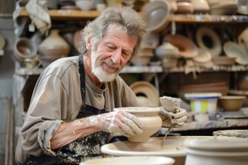 Joyful elderly artisan creating pottery on a spinning wheel, covered in clay in a sunlit studio