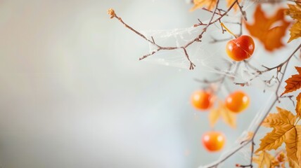 A serene autumn scene featuring vibrant orange fruits hanging delicately from branches with warm colored leaves.