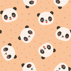 Kawaii panda seamless pattern. Cute animal head chibi face panda bear repeat design for kids textile fabric or paper print. Trendy peach fuzz color background.