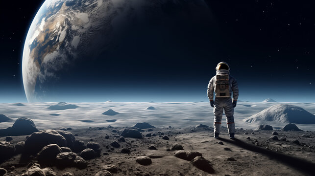 Astronaut Gazing at Earth from Lunar Surface with Rugged Moon Terrain and Deep Space
