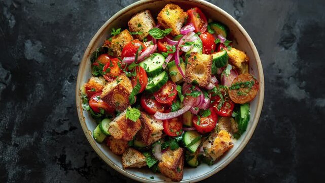 Fresh Panzanella Salad with Cherry Tomatoes and Croutons