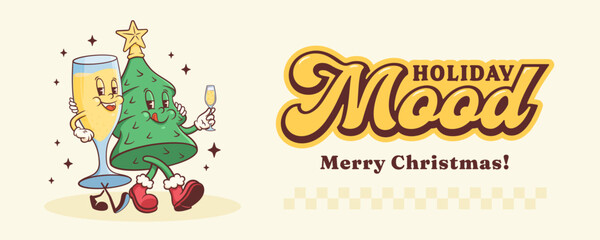 Groovy Christmas Tree and Champagne Retro Characters Banner. Cartoon Xmas Pine and Glass Personage Banner. Vector Winter Holiday Mascot Template Background. Happy Vintage Cool Illustration Isolated