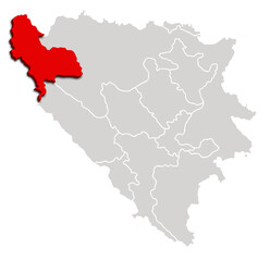 Obraz premium UNA SANA map administrative division of BOSNIA AND HERZEGOVINA 3d isometric map