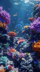 Fototapeta premium Vibrant coral reef teeming with colorful fish, sunbeams pierce through the water.