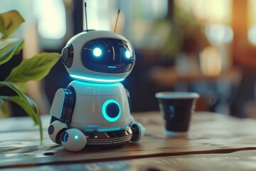 Sleek, ai robot with illuminating features in a cozy interior setting