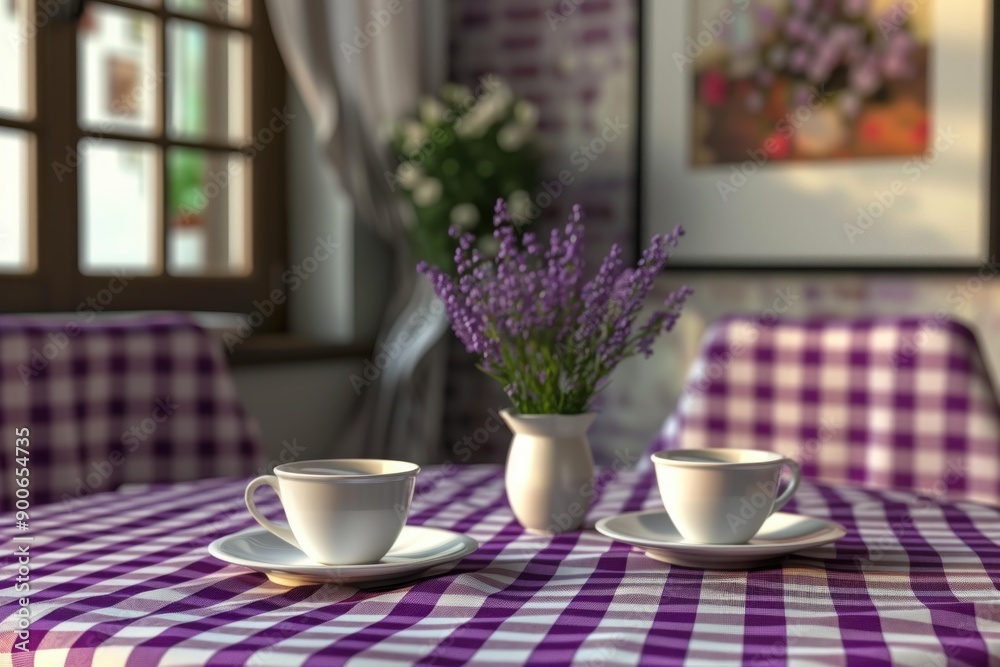 Sticker warm and inviting scene of two coffee cups on a purple checkered tablecloth with soft lighting