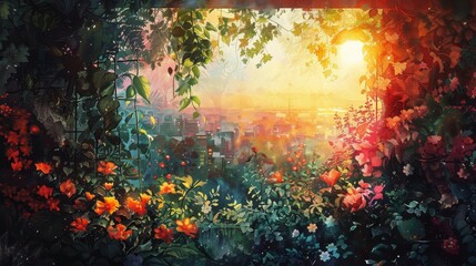 A vibrant, sun-drenched garden scene with blooming flowers in a magical, fairytale-like setting.