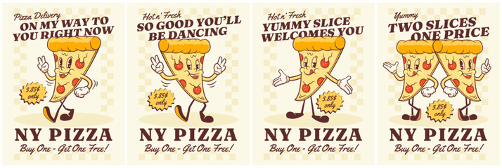 Groovy Pizza Retro Character Posters Set. Cartoon Food Slice Walking and Smiling. Vector Fast Food Delivery Mascot Templates Collection. Happy Vintage Cool Illustrations Isolated