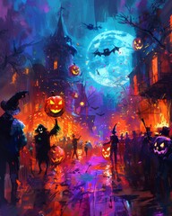 A vibrant Halloween night scene with a full moon, costumed figures, and glowing pumpkins.