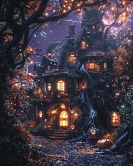 Naklejka premium A whimsical Halloween-themed house nestled in a forest, glowing with warm lights and surrounded by pumpkins.