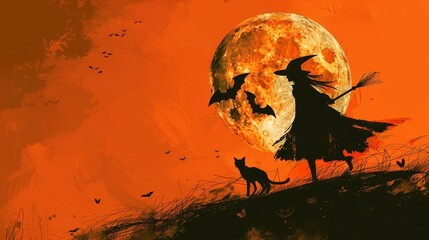 A witch with a broom and a black cat stands before a large full moon, surrounded by bats.  The sky is a fiery orange. Halloween night.