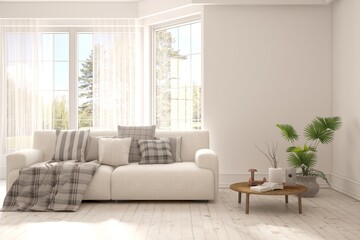 Naklejka premium White living room with sofa. Scandinavian interior design. 3D illustration