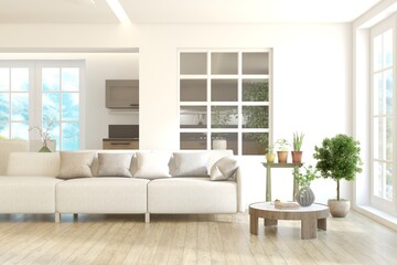 White living room with sofa. Scandinavian interior design. 3D illustration