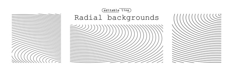 Sound wave irradiation or circular vibrations on the water surface. Set of circular oval stripe backgrounds. Abstract radial oblique smooth lines pattern. Monochrome backdrops. Vector illustration