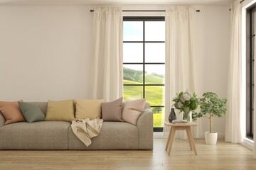 White living room with sofa and summer landscape in window. Scandinavian interior design. 3D illustration