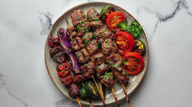 Delicious Grilled Meat Skewers With Vegetables on Plate